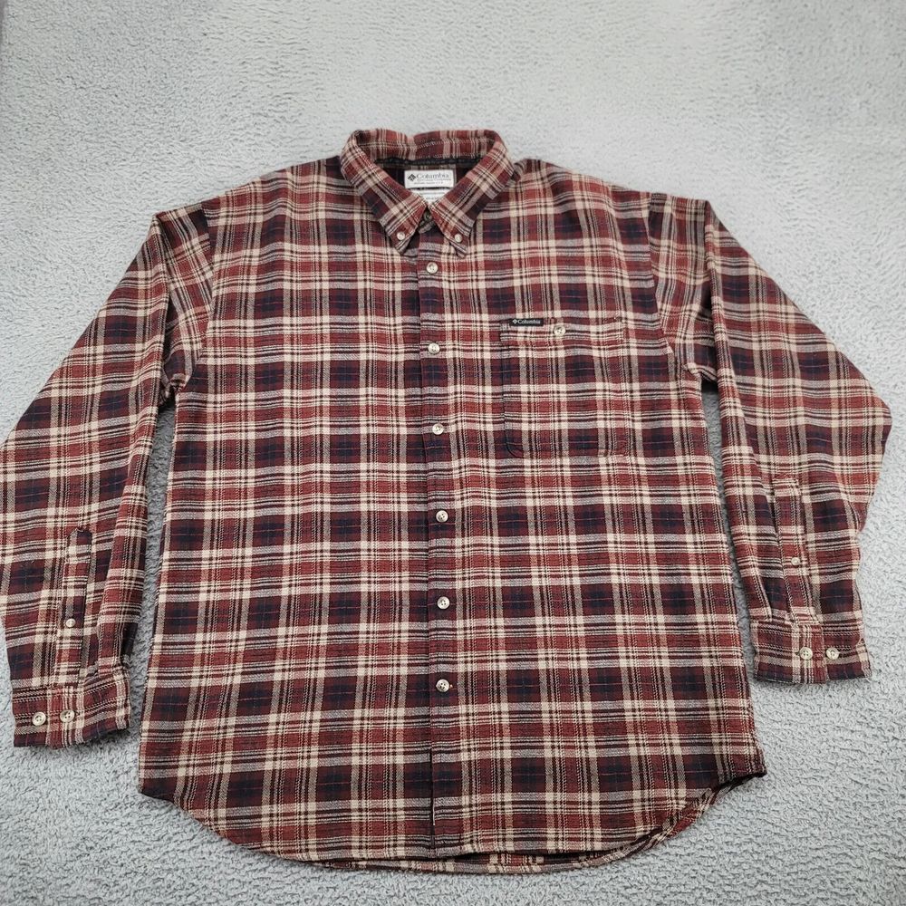 Columbia Shirt Mens Large Orange Plaid Outdoors Camp Long Sleeve Button Down‎